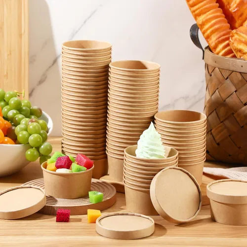 Vista 4 de Fulmoon Paquete de 100 recipientes de papel para sopa con tapas, recipientes de papel desechables para alimentos con tapa ventilada, tazas de postre