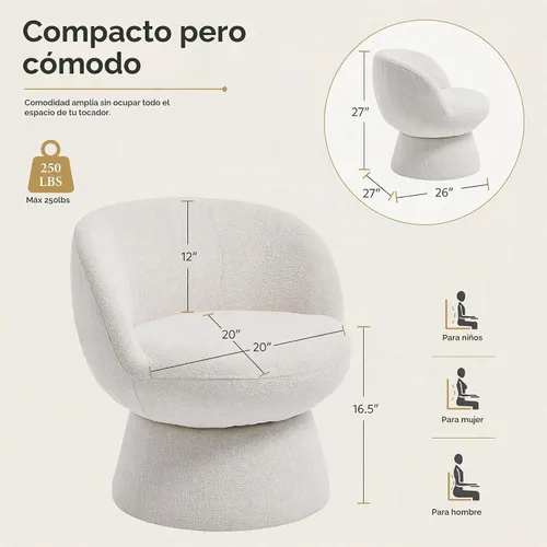Vista 2 de Silla giratoria blanca para tocador, silla de barril con blanco 02