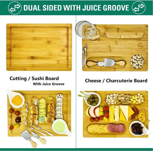 Vista 3 de Tabla de queso de bambú con cuchillo, cuenco, juego de tenedores, plato de madera para charcutería y bandeja para servir alimentos para copas