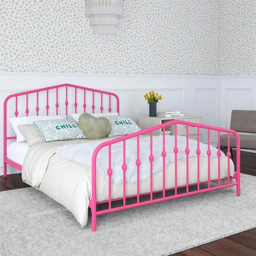 Vista 33 de Novogratz Bushwick - Marco de cama Queen de metal con cabecera ligeramente triangular, husillos insertados, base ajustable para almacenamiento,