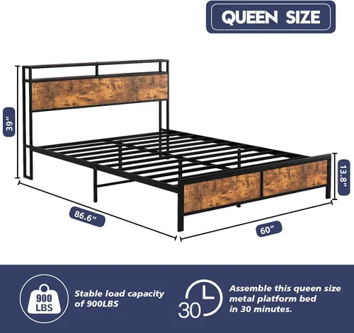 Vista 3 de Base de cama Queen con luces LED, cabecera de almacenamiento industrial con estación de carga y puerto USB, marco de cama industrial moderno