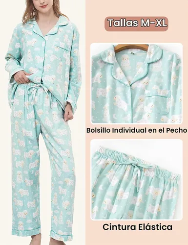 Vista 4 de CHUNG Conjunto de pijama de franela para mujer, tops con botones de algodón cepillado, pantalones S-XL, ropa de dormir, ropa de descanso, acogedora