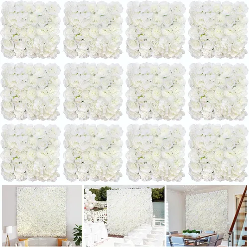 Vista 14 de Telón de fondo de pared de flores, 12 piezas de 16.5 x 16.5 pulgadas, panel de pared floral de rosa de seda artificial, decoración de pared ideal
