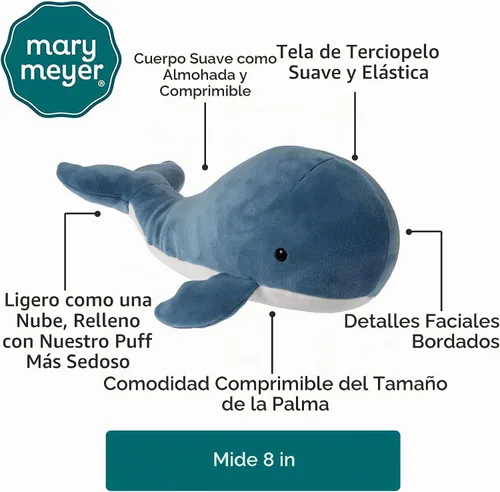 Vista 2 de Mary Meyer Peluche Smootheez - Almohada suave de juguete, 8 pulgadas, ballena azul