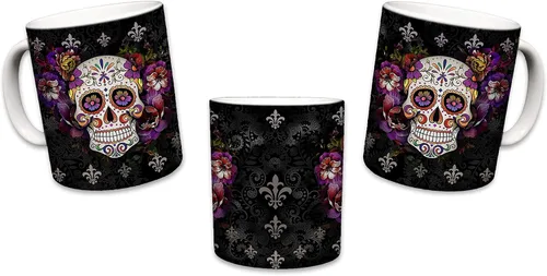 Vista 5 de Sweet Gisele Taza de cerámica de calavera de azúcar, taza de café con estampado floral, diseño del Día de los Muertos, hermosos colores vivos, gran