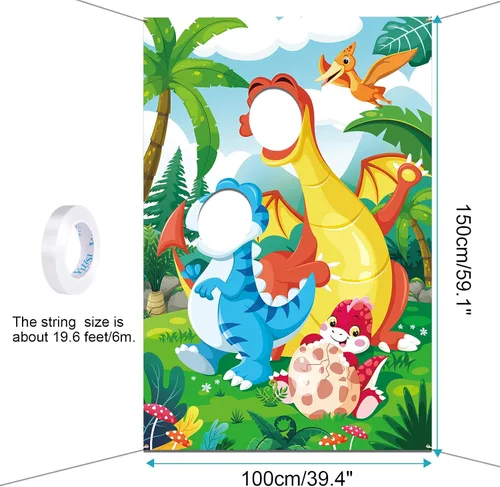 Vista 2 de DPKOW Accesorio para fotos de fiesta de dinosaurios para niños, divertido telón de fondo de cara en el agujero, pancarta de puerta de dinosaurio