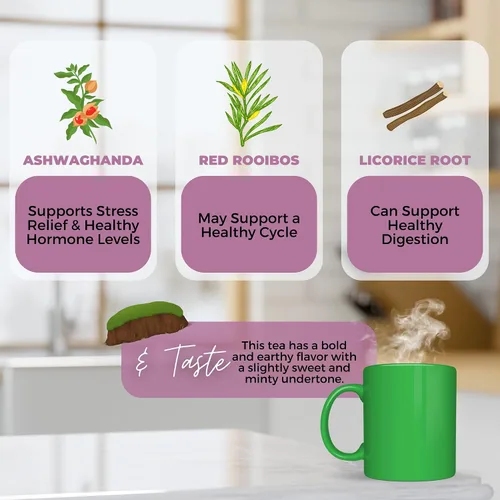Vista 8 de Té de hojas sueltas de equilibrio hormonal saludable para ella con Ashwagandha, Rooibos rojos Té de hierbas orgánicas 2 onzas (2.01 oz)