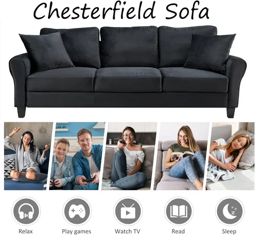 Vista 12 de Sofá tapizado de terciopelo de 3 plazas con 2 almohadas, sofá moderno de 78 pulgadas con patas de madera maciza para sala de estar, apartamento