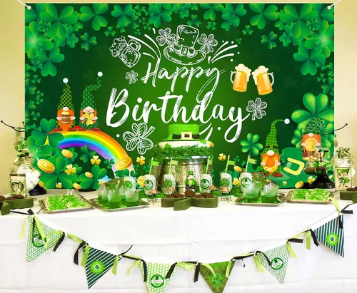 Vista 6 de Decoraciones de cumpleaños del día de San Patricio, pancarta de fondo de feliz cumpleaños del día de San Patricio, trébol de la suerte, trébol