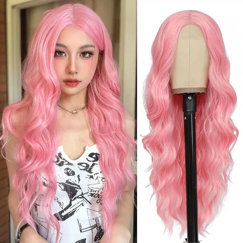 Vista 10 de NAYOO Pelucas largas y onduladas de color castaño rojizo para mujer, peluca rizada ondulada con raíces oscuras, pelucas sintéticas de fibra