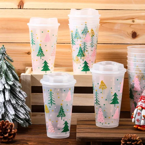Vista 6 de Bokon 12 piezas de tazas de plástico transparente reutilizables de Navidad a granel, 16 oz, tazas de árbol de Navidad de estilo bohemio, tazas