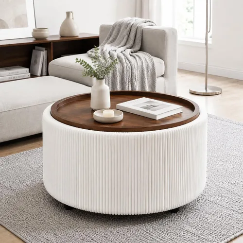 Vista 11 de Homebeez Otomana de Almacenamiento Redonda de Terciopelo de 28 Pulgadas, Taburete Reposapiés con Capitoné de Botones Mesa de Centro para Sala