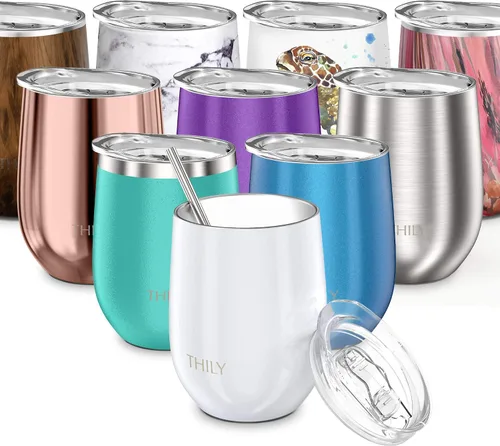Vista 11 de THILY Vaso de vino aislado de acero inoxidable de 12 onzas, copa de vino sin tallo con tapa deslizante y popote de metal, taza de viaje que mantiene