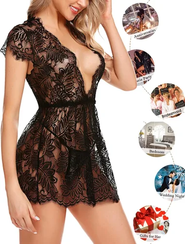 Vista 6 de Avidlove - Lencería sexy para mujer con encaje y pestañas, ropa de noche en V, malla transparente