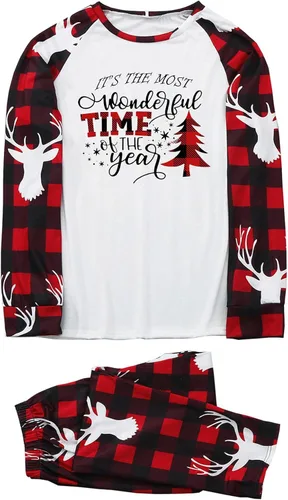 Vista 2 de luwita Pijamas de Navidad para la familia, conjunto a juego de camisetas de manga larga y pantalones, camisones navideños con Feliz Navidad