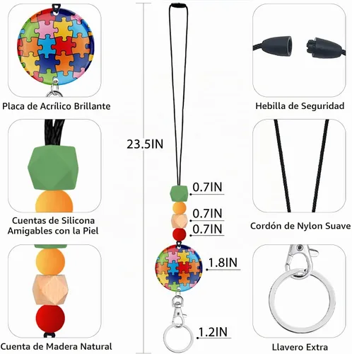 Vista 5 de Cordones para Profesores de Concienciación sobre el Autismo para Tarjetas de Identificación y Llaves, Lindo Cordón de Silicona con Cuentas Separable
