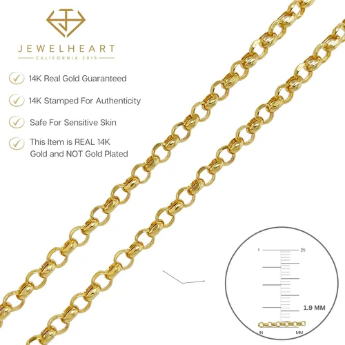 Vista 6 de JEWELHEART Cadena Rolo de oro real amarillo de 14 quilates, 0.075 in, 0.098 in, 0.110 in, 0.148 in, 0.165 in, 0.205 in, collar con colgante
