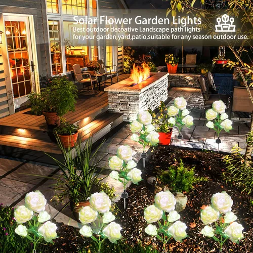 Vista 6 de SmilingTown Luces solares de flores para exteriores, impermeables, [actualizadas], paquete de 2 10 rosas blancas, luces decorativas para jardín