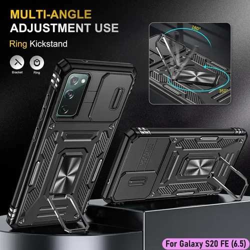 Vista 5 de Funda resistente para Samsung Galaxy S20 FE (5G), protección híbrida de goma de doble capa de grado militar con protector de cámara deslizante