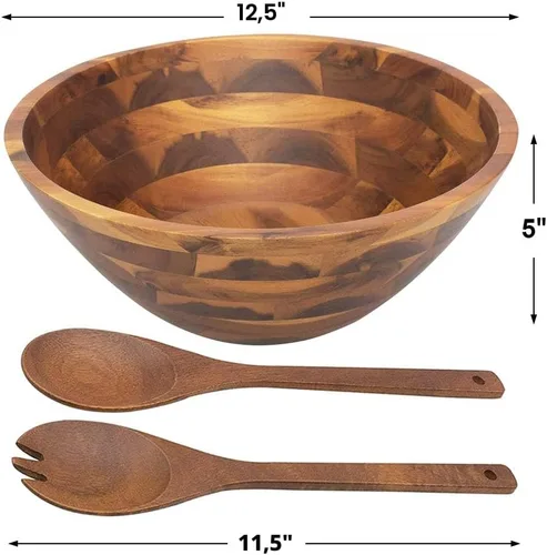 Vista 5 de AIDEA Ensaladeras, juego de ensaladeras de madera, cuenco grande de madera de acacia para servir frutas, ensalada, ensaladera grande de 12.5
