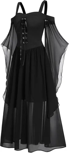 Vista 3 de Vestidos góticos vintage para mujer, vestido midi con estampado de esqueleto de Halloween