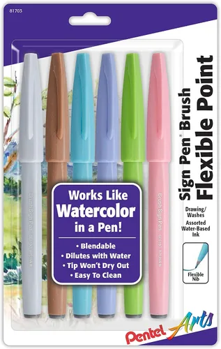 Vista 5 de Pentel Arts Sign Pen Touch, punta de pincel Fude, colores de moda, paquete de 6 (SES15CBP6M1)