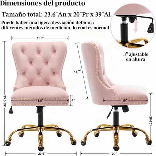 Vista 2 de Moderna silla giratoria de terciopelo, silla de escritorio de maquillaje copetuda con ruedas y base dorada, cómoda silla de escritorio tapizada