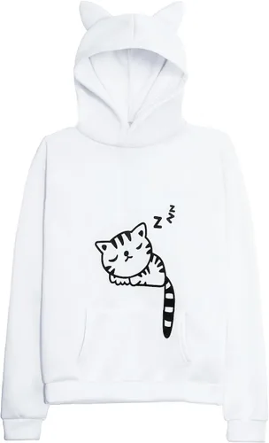 Vista 8 de Sudadera con capucha para mujeres y adolescentes con lindo diseño de orejas de gato y gato durmiendo Negro