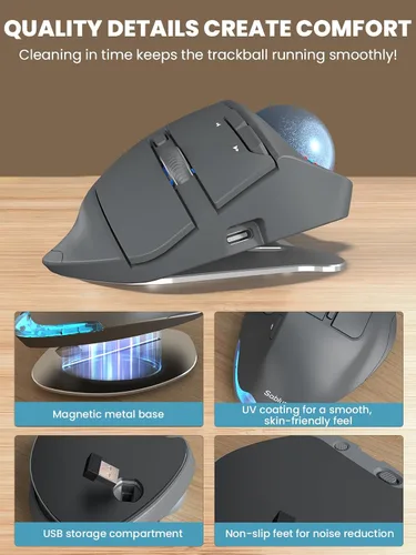 Vista 6 de Ratón de Trackball inalámbrico, ángulo ajustable recargable, mouse gris retroiluminado Ratón ergonómico MAM1 Pro con punta redonda con 5 niveles