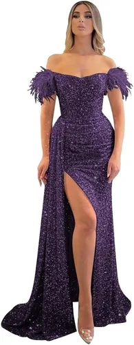 Vista 10 de Vestidos de fiesta de lentejuelas con hombros descubiertos, vestido formal de sirena brillante, vestido largo de fiesta de noche con abertura