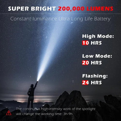 Vista 4 de FORTO Foco recargable, 200000 lúmenes, luz de mano con soporte plegable, 6 modos IPX7, impermeable, luces LED para pasear al perro, caza, camping