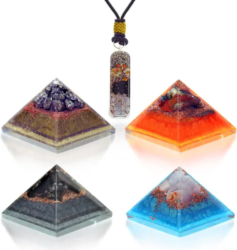 Vista 12 de Juego de curación y limpieza: mini pirámides de cristal de orgonita portátil de cuarzo de cristal, obsidiana negra, crisoprasa, calcita naranja