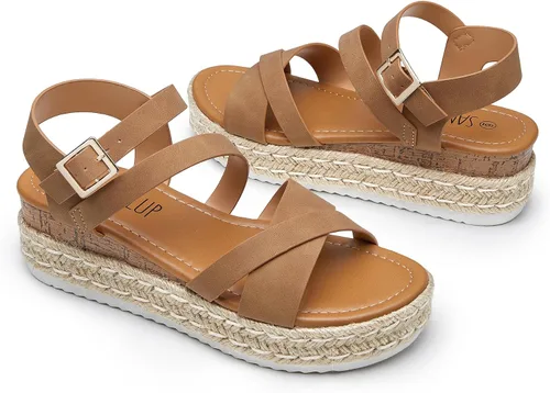 Vista 4 de SANDALUP Sandalias de plataforma para mujer, hebilla y correa de tobillo con correa de tobillo, plataforma de cuña sintética, alpargatas