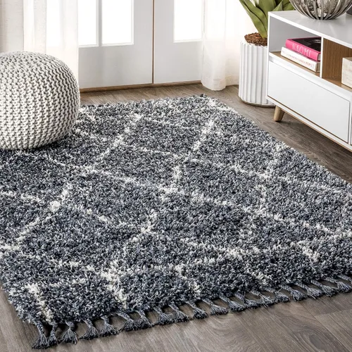 Vista 12 de JONATHAN Y Mercer Shag - Alfombra de pasillo de felpa con borlas, azul/crema, 2 x 8 pulgadas, enrejado geométrico marroquí, fácil limpieza para sala