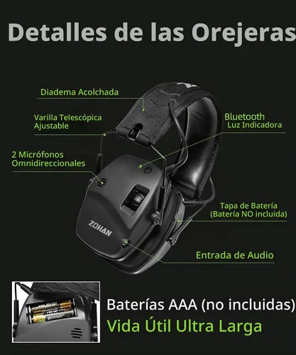 Vista 6 de ZOHAN 035 Orejeras de protección auditiva Bluetooth 5.4 para tiro con cancelación activa de ruido y amplificación de sonido, NRR 22dB para campo