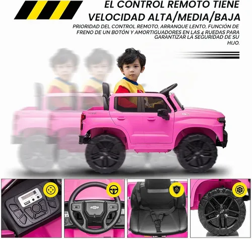 Vista 3 de Coche de batería de 12V para andar, camioneta para niños con licencia de Chevrolet Silverado GMC, vehículos eléctricos para niños pequeños con Rosa