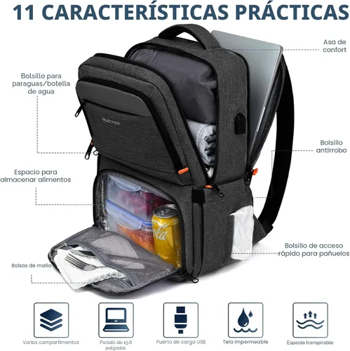 Vista 2 de Mochila de almuerzo, mochila con aislamiento térmico para hombres y mujeres, mochila para portátil con protección RFID y puerto USB, Negro, 15,6