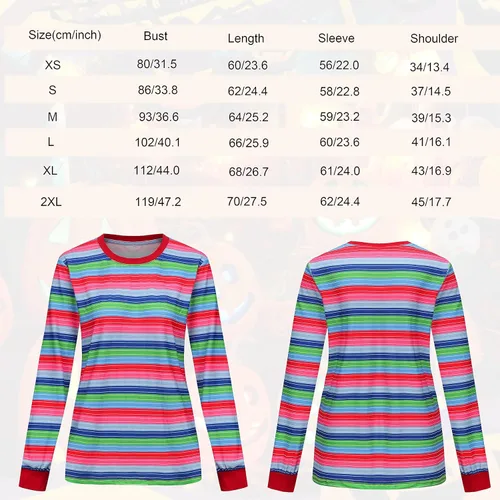 Vista 7 de Tuoweey Disfraz de Chucky de Halloween para mujer, camiseta casual de manga larga, camiseta de rayas arcoíris de terror