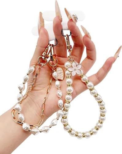 Vista 9 de Correa de muñeca para teléfono con cuentas de perlas, pulsera de teléfono desmontable con lengüeta de sujeción, pulsera universal con cuentas