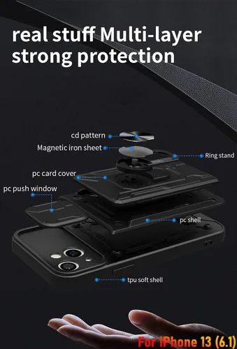 Vista 4 de Funda tipo cartera para iPhone 13, ranura para tarjeta de crédito, diseño portátil, resistente de doble capa acolchada de goma protectora