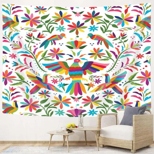Vista 2 de Bzhilja Tapiz mexicano, tapiz tradicional mexicano con diseño de pájaro azul otomi, diseño brillante, flores de cachemira, tapiz de color étnico