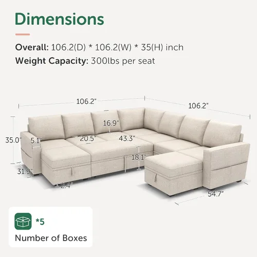 Vista 2 de HONBAY Sofá seccional modular con cama extraíble, sofá cama con forma de U extraíble con secciones de almacenamiento para sala de estar - Beige