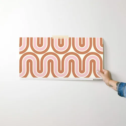 Vista 7 de Papel tapiz para despegar y pegar, diseño retro de mediados de siglo, líneas rosadas y marrones, decoración del hogar, olas, papel tapiz extraíble