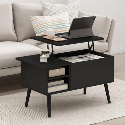 Vista 2 de Furinno Jensen - Mesa auxiliar de madera con parte superior elevadora de patas con compartimento oculto y estante lateral abierto para sala