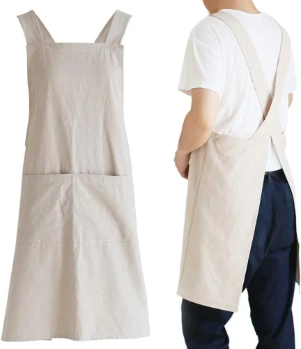 Vista 7 de NEWGEM - Delantales de cocina de lino japonés para mujeres y hombres, con tirantes cruzados y bolsillos, para repostería y cocina