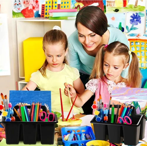 Vista 2 de WILLBOND 12 unidades de almacenamiento para el aula, apilables, con 4 compartimentos, organizador de plástico con asa, contenedores