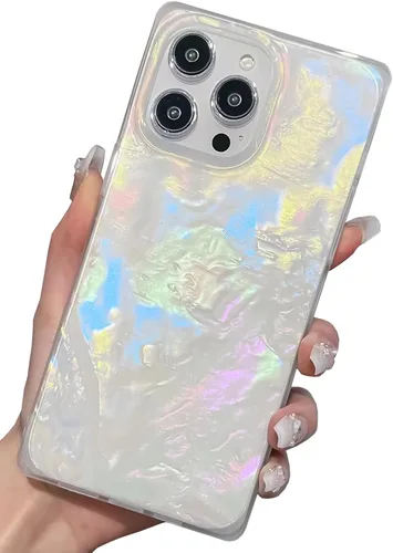 Vista 64 de Elegante Funda con Concha de Madre Perla para Niña Compatible con iPhone 14 de 6.1 Pulgadas, Funda Rectángulo con Borde, Elegante y delgada