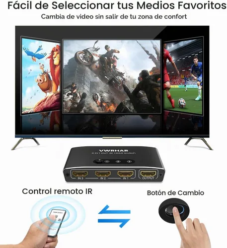 Vista 3 de Interruptor HDMI 3 en 1 Salida 4K UHD HDMI Switcher Splitter, interruptor automático con control remoto de metal HDMI Switch Box Hub Soporte 4K 3D