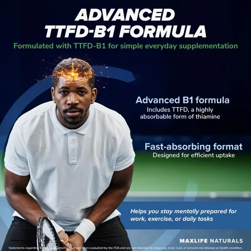 Vista 3 de MAXLIFE NATURALS TTFD - Suplemento de tiamina B1 – 60 cápsulas, suplemento de tiamina de vitamina B1 de alta potencia para enfoque, apoya la función