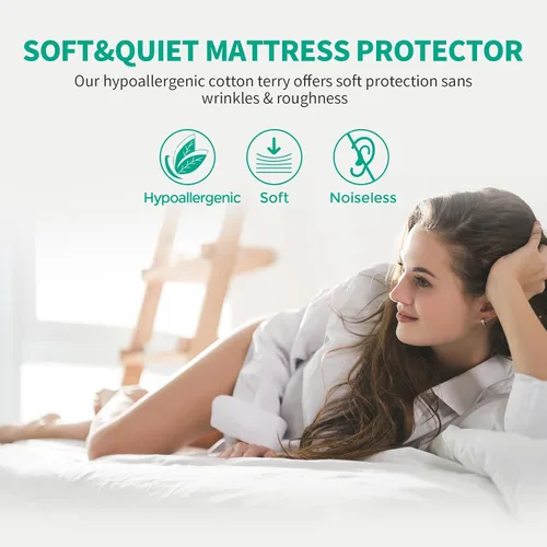 Vista 5 de LAVANCE Protector de colchón impermeable tamaño Queen, rizo de algodón premium, suave, silencioso, lavable, funda de colchón de cama con bolsillo